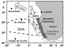 Study area with the core position of the South Atlantic Anticyclone (SAA)