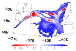 Abb. 4: Modellierte Verteilung der Sauerstoffminimumzonen im St. Lawrence-Ästuar