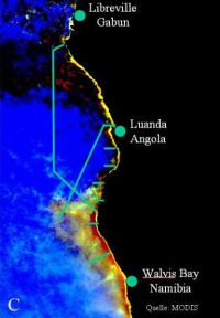 Satellitenaufnahme des Untersuchungsgebietes: inhaltsstoffarmes Wasser erscheint blau. (MODIS (C))