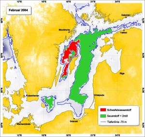 Suboxische (grün) und anoxische (rot) Bodenbereiche in der Ostsee.