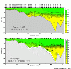 Vertikalschnitt durch die Ostsee - Fehmarn Belt bis Gotlandsee - Gemessene Größe: Sauerstoffgehalt - Oktober 2002 und Mai 2003