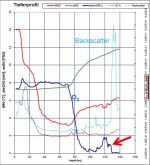 Abb.3: CTD-Profil an Monitoring- StationTF260. Deutlich zu sehen ist der bodennahe Einstrom von sauerstoffhaltigem und etwas kälterem Wasser in die anoxische Zone (roter Pfeil).