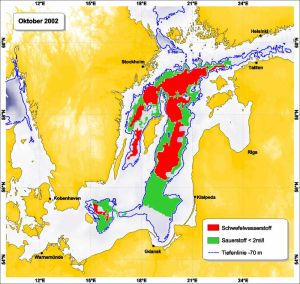 Suboxische (grün) und anoxische (rot) Bodenbereiche in der Ostsee.