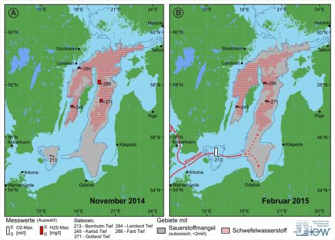 Abb. 5: Vergleichende Kartendarstellungen von Gebieten mit Sauerstoffmangel und Schwefelwasserstoffvorkommen in der grundnahen Wasserschicht der Ostsee zum Zeitpunkt A - November 2014 (Stagnation) und B - Februar 2015 (Salzwassereinstrom).