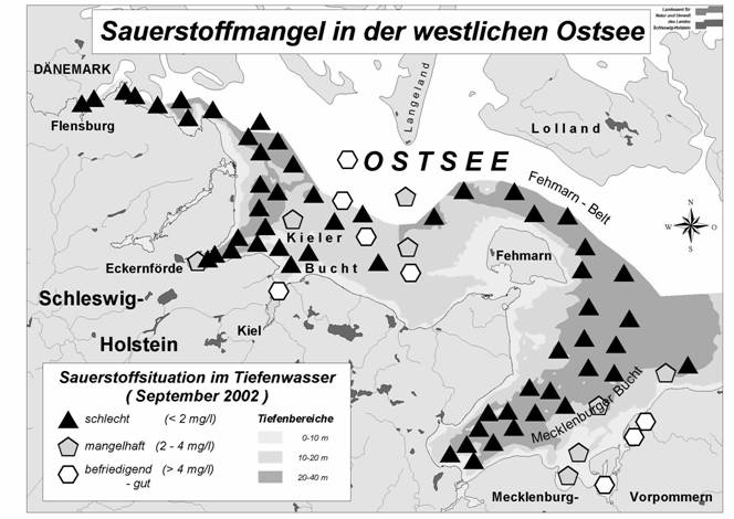 Sauerstoffmangel in der westlichen Ostsee im September 2002 (LANU 2002); mg/l *0.7005 = ml/l